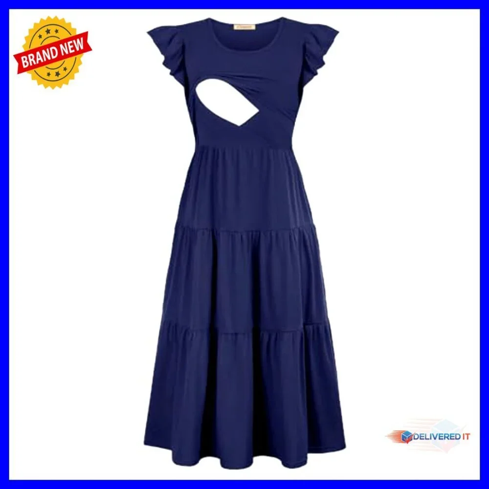 Flutter Sleeve Smocked Tiered Nursing Dress for Breastfeeding Maternity